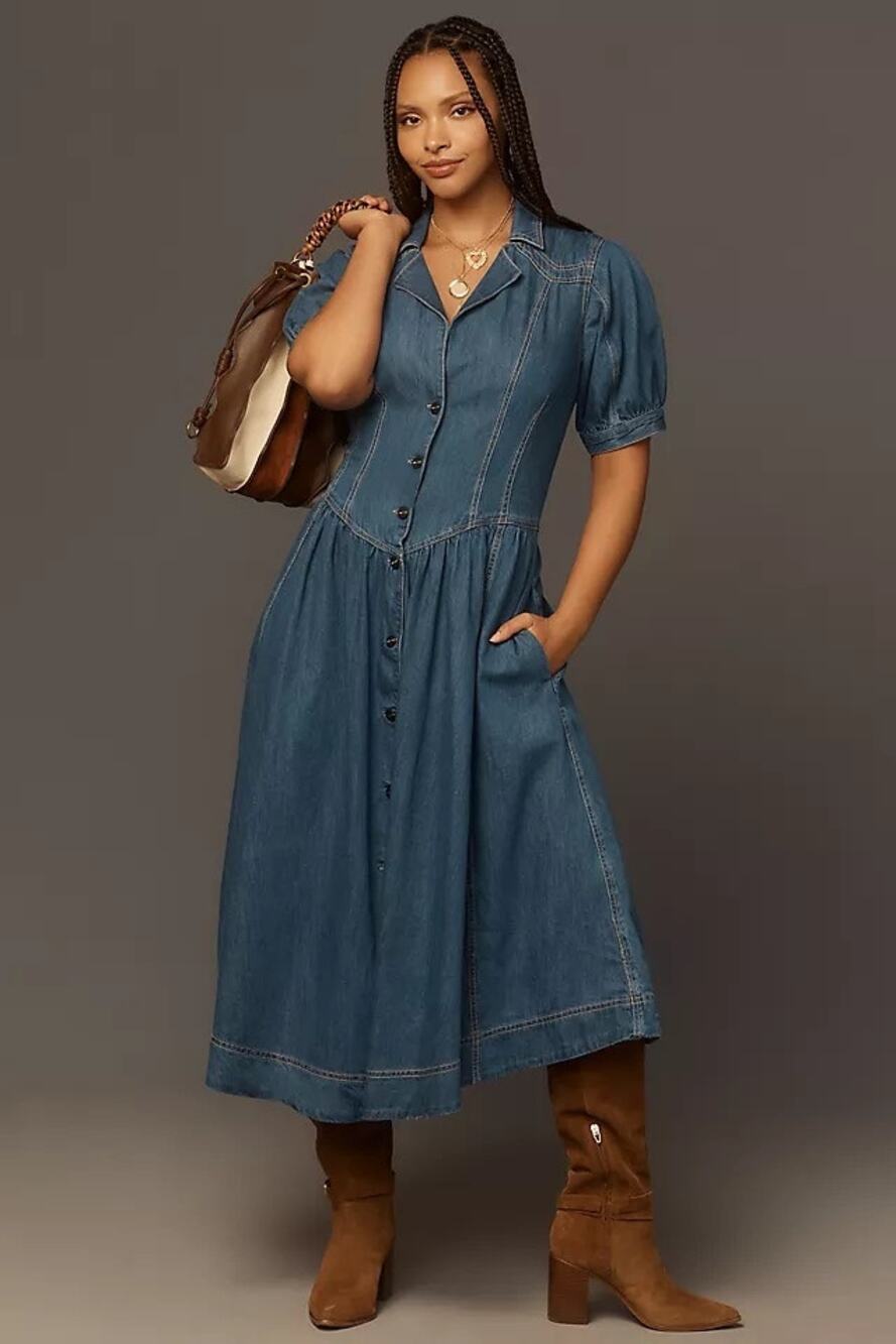 Pilcro Short Sleeve Denim Midi Shirt Dress Sz 4P Cowgirl Coastal Western